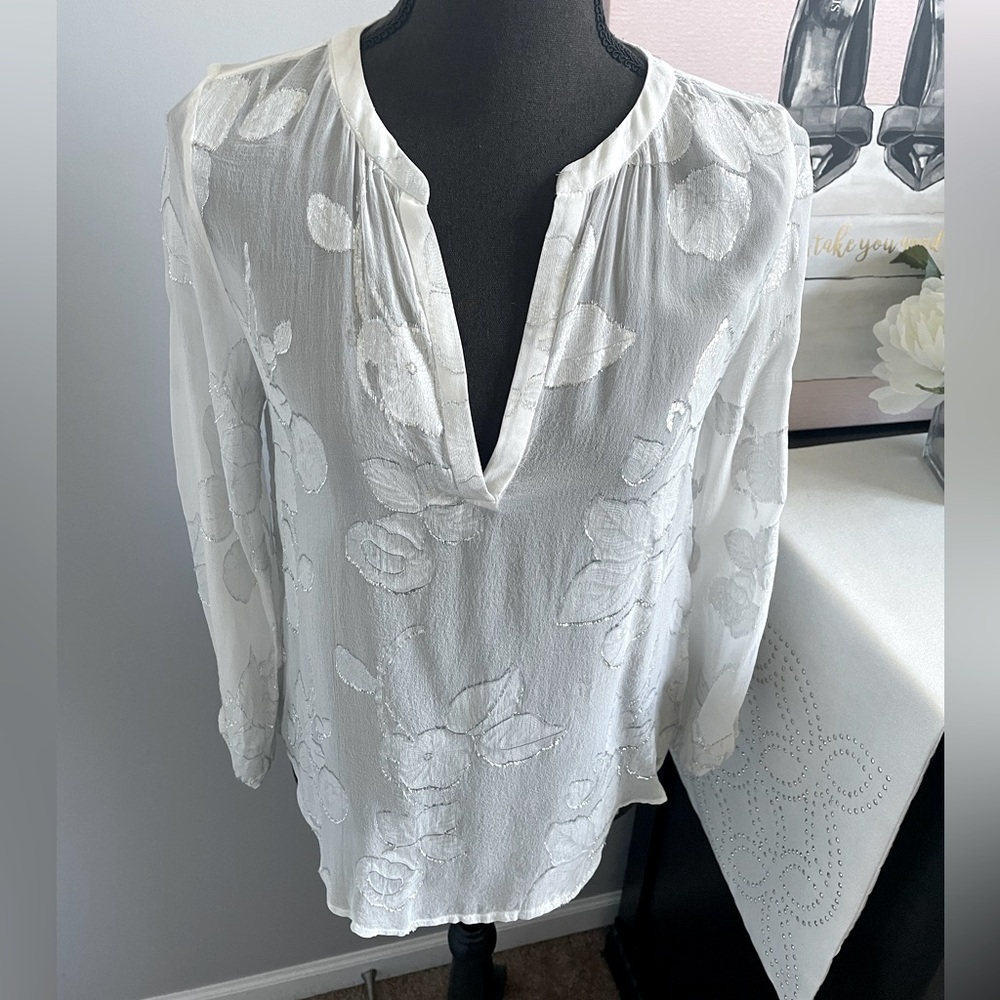 Joie White and Silver Silk Blouse XS/S